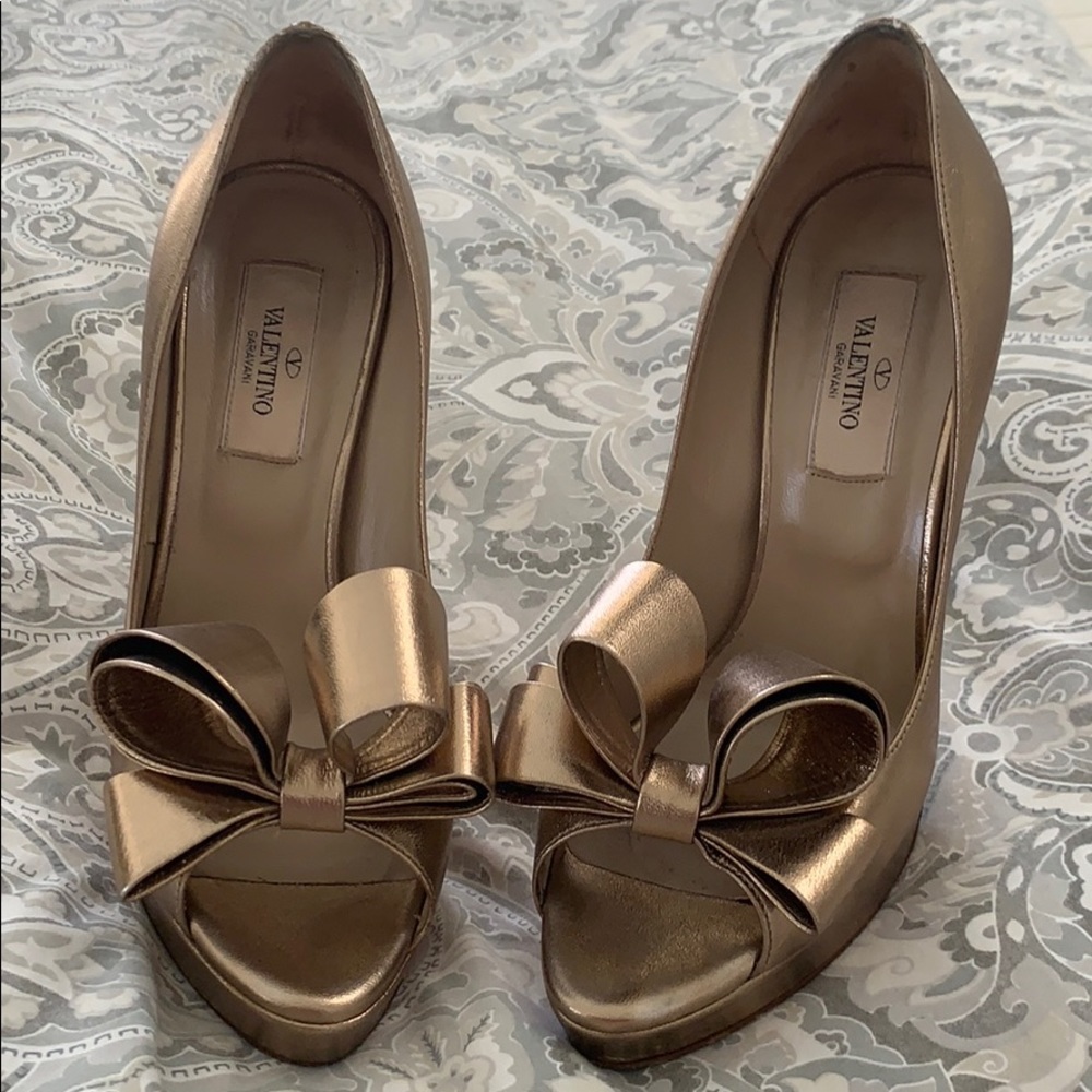 Valentino Gold Couture Bow Peep Pumps with Bow